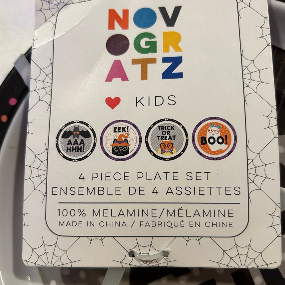 4 piece set melamine Halloween kid or appetizer plates- 2 sets. Eight plates.